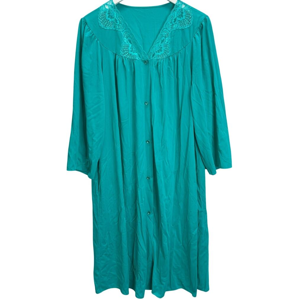 Vintage Shadowline Nylon Nightgown Turquoise Green Size XL Lace Detail Button